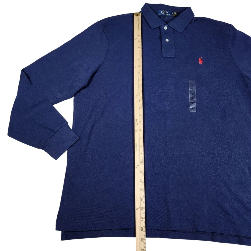 NWT Polo Ralph Lauren Mens Long Sleeve Polo Shirt Navy Blue Red Pony Mesh 2XL‎